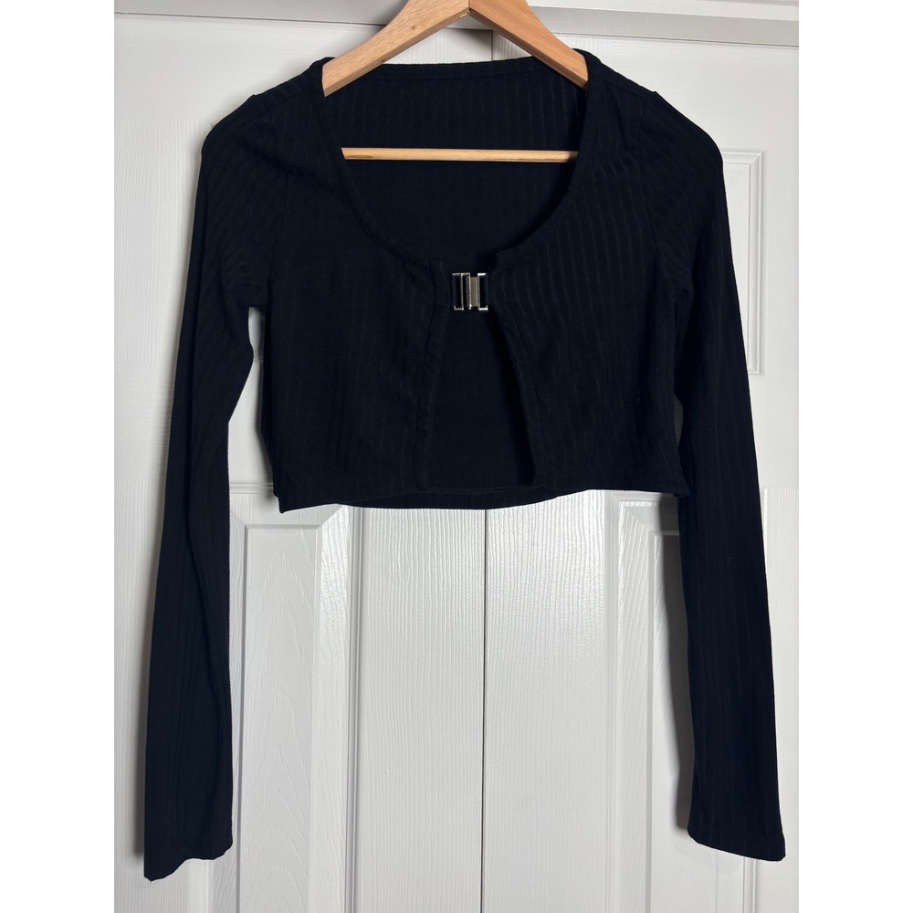 2021 AVENEMENT Womens Black Ribbed Cropped Shrug Cardigan Buckle Front M